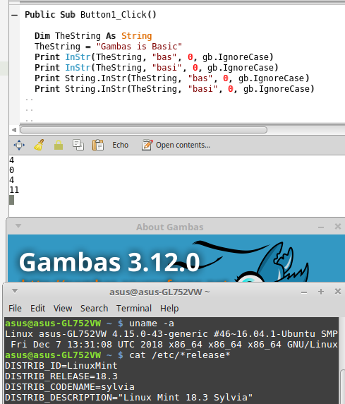 Mint 18.3 and Gambas 3.12.0 and Asus